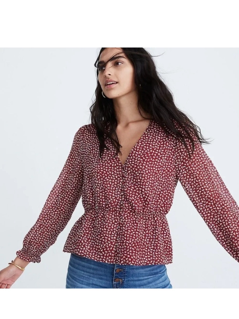 Madewell Overture Ditzy Floral Peplum Blouse Red V-Neck Long Sleeve Top M